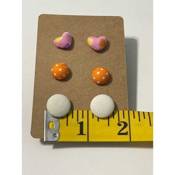 Fabric Covered Button Earring Stud Set Round Pink - Picture 4 of 5